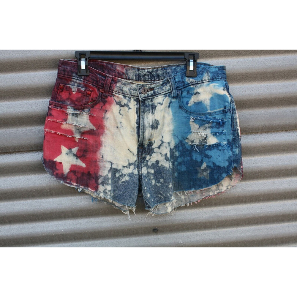 Wrangler Denim Shorts Custom Made Painted Red/White/Blue Star Shorts 32 Waist